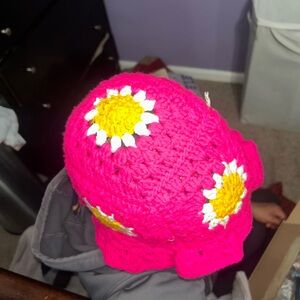 Vibrant Pink Crochet Hat with Floral Design